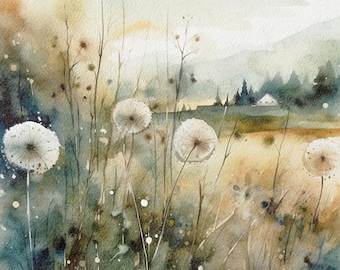 Dandelion Painting Countryside Watercolor Farm Landscape Wildflowers Art Print Floral Wall Art