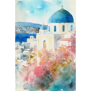 Santorini Art Print Greek Old Town Painting Cityscape Watercolor Mediterranean Landscape image 1
