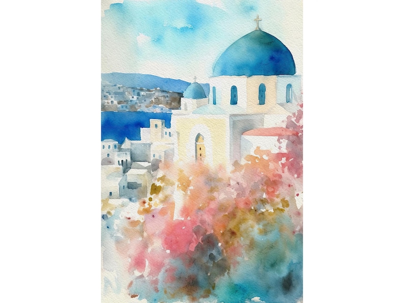 Santorini Art Print Greek Old Town Painting Cityscape Watercolor Mediterranean Landscape image 1