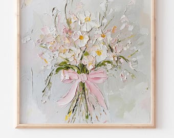 Wildflowers Oil Print Pink Bow Wall Art Flowers Bouquet Painting