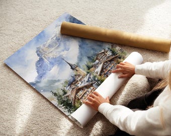 アルプスの村の絵画 スイス 水彩画プリント ヴェンゲン ポスター