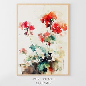 ゼラニウムの水彩画アートプリント 赤い花の絵画 花のアートワーク ゼラニウムの鉢植えのポスター 庭の花 壁アート 農家の壁装飾
