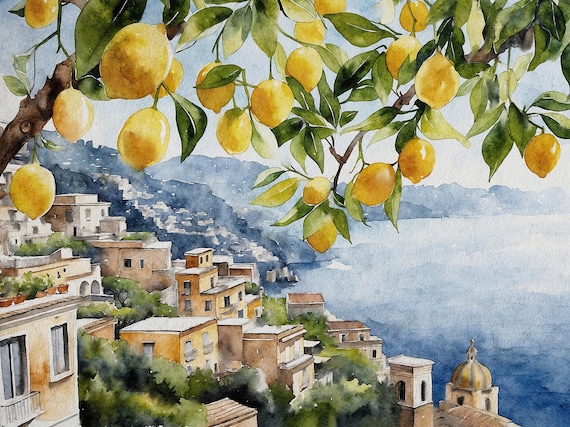 Positano Watercolor Painting Lemon Tree Artwork Italian Cityscape Wall Art Amalfi Coast Poster