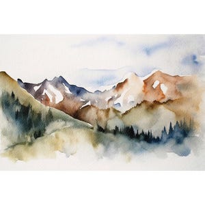 ピレネー山脈の水彩画アートプリント 山の絵画：フランス、スペインの