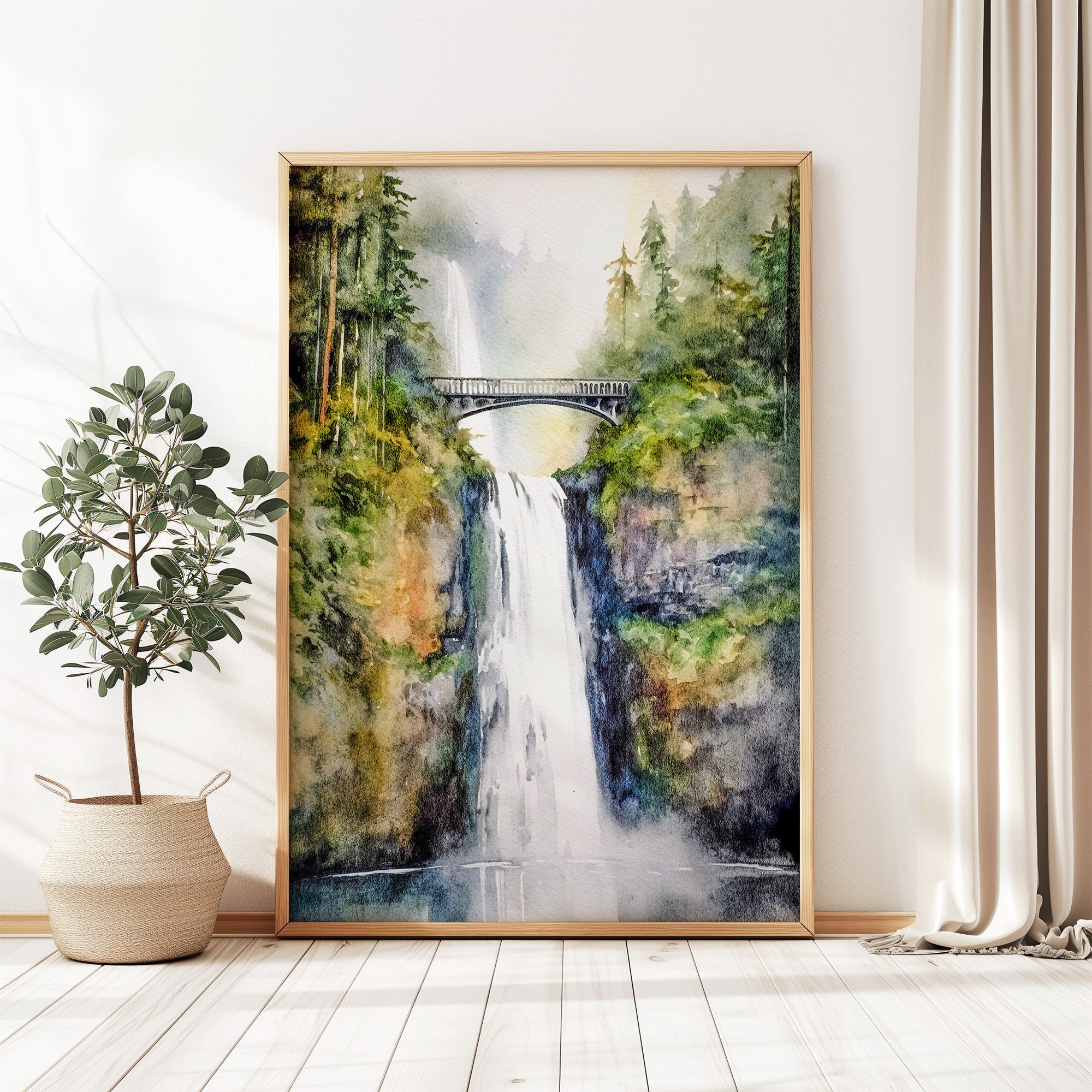 マルトノマ滝の水彩画、コロンビア川渓谷の絵画、オレゴンの風景、滝
