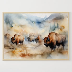 Yellowstone National Park Painting Bison Watercolor Art Buffaloes Art Print Wildlife Wall Art