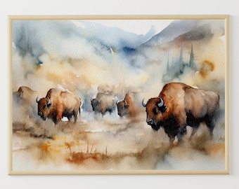 Yellowstone National Park Painting Bison Watercolor Art Buffaloes Art Print Wildlife Wall Art