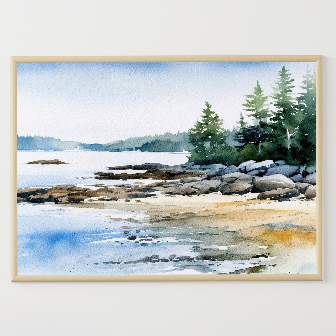 Maine Beach Painting Coastal Watercolor Landscape East Blue Hill Poster ...