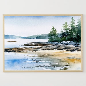 Peinture sur la plage du Maine, paysage côtier à l'aquarelle, affiche East Blue Hill, pin, rivage, impression d'art