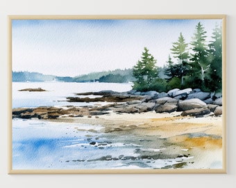 Maine Beach Painting Coastal Watercolor Landscape East Blue Hill Poster Pine Shoreline Art Print