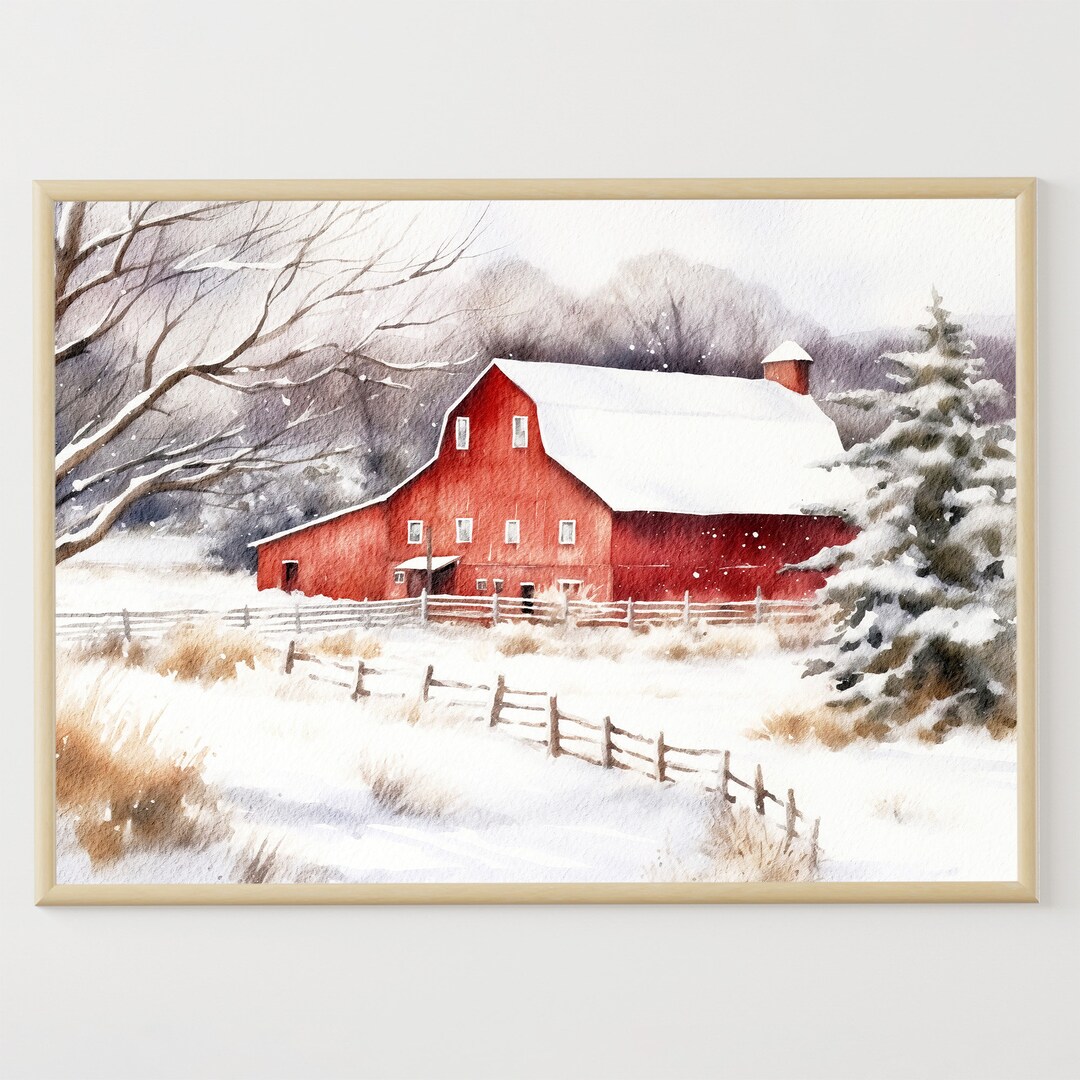 Red Barn Watercolor Painting Winter Vermont Landscape - Etsy
