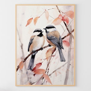 Dos Chickadee acuarela pintura pareja pájaros arte impresión Titmouse cartel pequeño pájaro arte de la pared