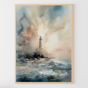 Lighthouse Painting Stormy Ocean Watercolor Seascape Wall Art Thunderstorm Sea Art Print