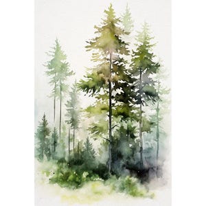 Pine Tree Watercolor Painting Vermont Landscape Foggy Forest Wall Art Forest Art Print Pine Trees Poster image 1
