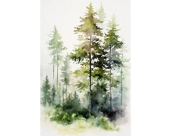 Pine Tree Watercolor Painting Vermont Landscape Foggy Forest Wall Art Forest Art Print Pine Trees Poster