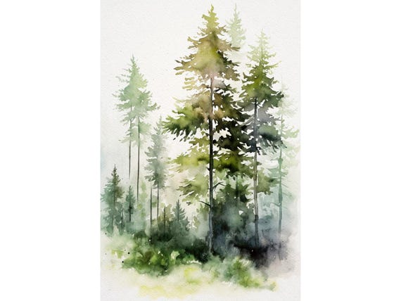 Pine Tree Watercolor Painting Vermont Landscape Foggy Forest Wall Art Forest Art Print Pine Trees Poster