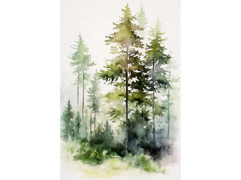 Pine Tree Watercolor Painting Vermont Landscape Foggy Forest Wall Art Forest Art Print Pine Trees Poster image 1