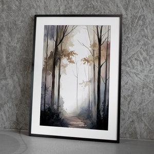 May include: A framed watercolor painting of a misty forest path. The path leads through a grove of trees with a light gray background. The trees are painted in shades of brown, gray, and black.