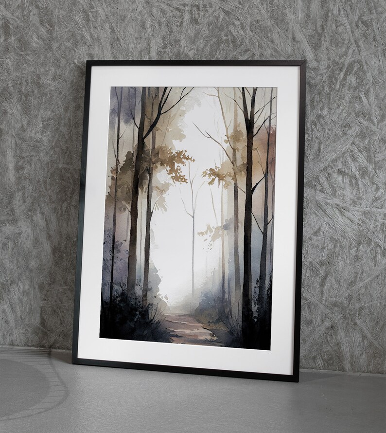 May include: A framed watercolor painting of a misty forest path. The path leads through a grove of trees with a light gray background. The trees are painted in shades of brown, gray, and black.