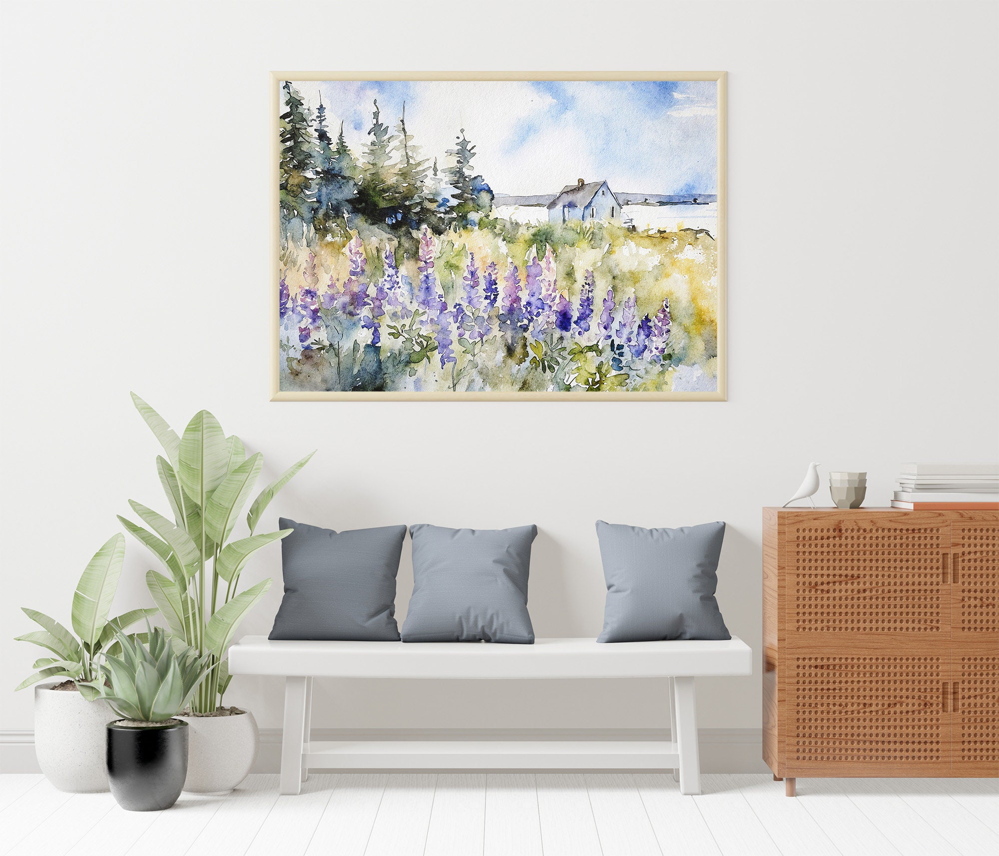 メイン海岸の水彩画アートプリント：ルピナスの花、海岸の風景 - Etsy 日本