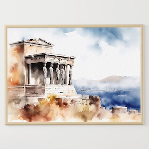アテネの水彩画、ギリシャの風景、ギリシャの旅行ポスター、古代ギリシャの壁画、ギリシャの寺院のプリント