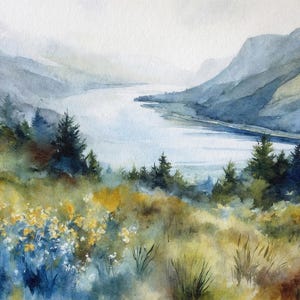 Stampa ad acquerello della gola del Columbia, dipinto di fiori selvatici, fiume di montagna, opera d'arte, decorazione murale del Pacifico nord-occidentale, alberi di pino