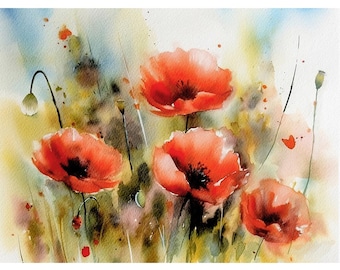 Poppy Field Watercolor Painting Wildflowers Art Print Floral Wall Art Red Flowers Poster