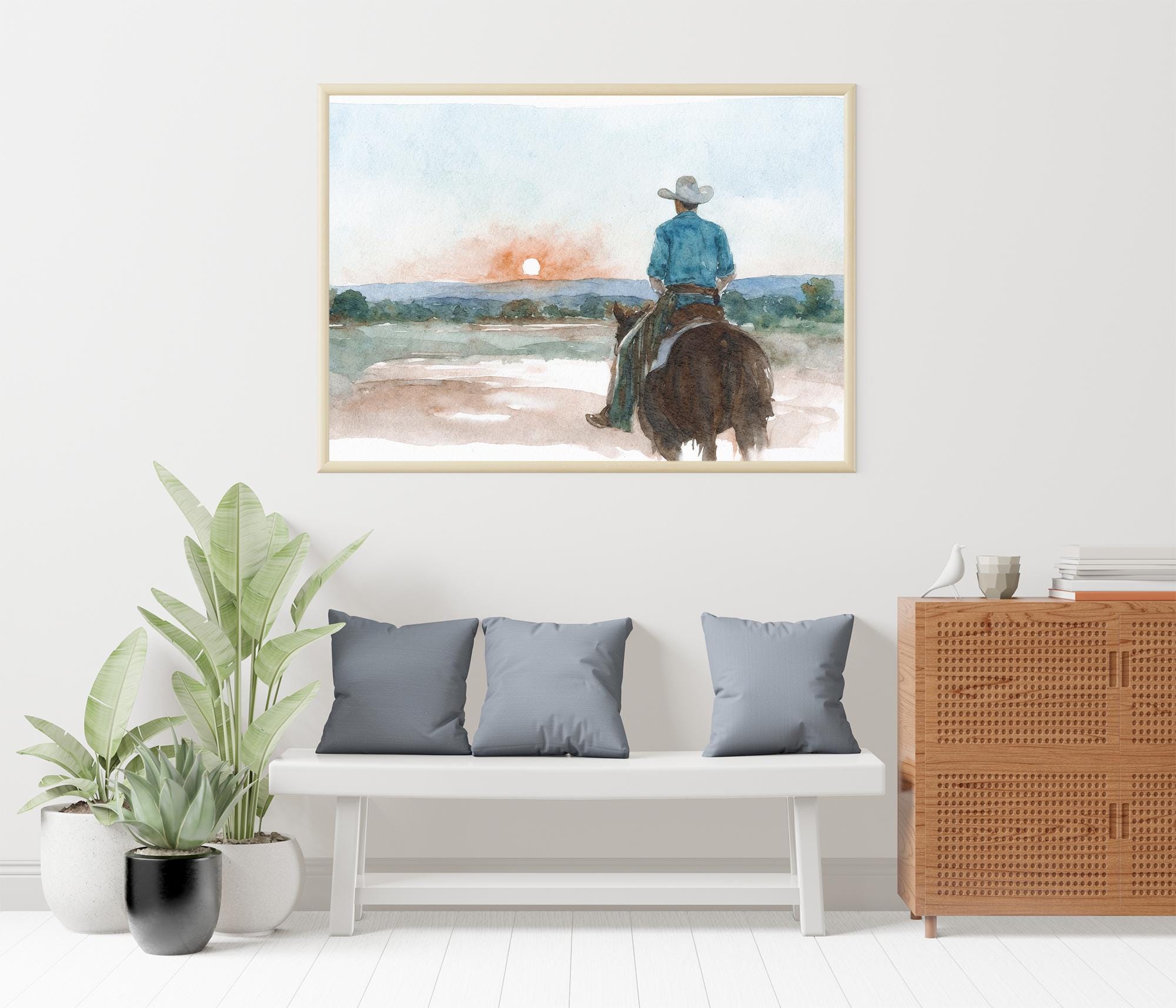 Cowboy Watercolor Art Print Sunset Painting Western Wall Art Horse ...