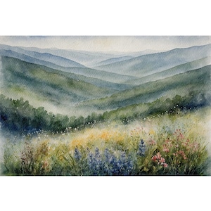 ピレネー山脈の水彩画アートプリント 山の絵画：フランス、スペインの