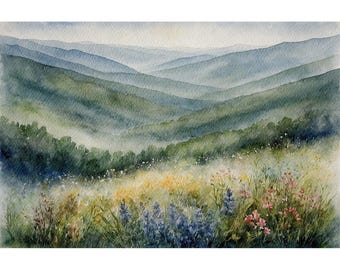 Blue Ridge Mountains Watercolor North Carolina Landscape Wildflowers Painting Appalachian Highlands Artwork Nature Wall Art
