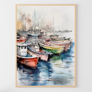 Marina Painting Sailboats Watercolor Fishing Boats Art Print Nautical Wall Art Boats Poster