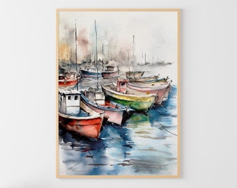 Marina Painting Sailboats Watercolor Fishing Boats Art Print Nautical Wall Art Boats Poster