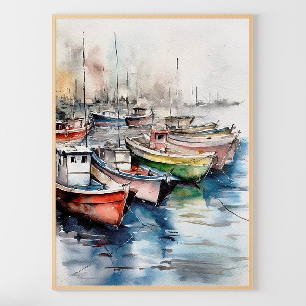 Marina Painting Sailboats Watercolor Fishing Boats Art Print Nautical Wall Art Boats Poster