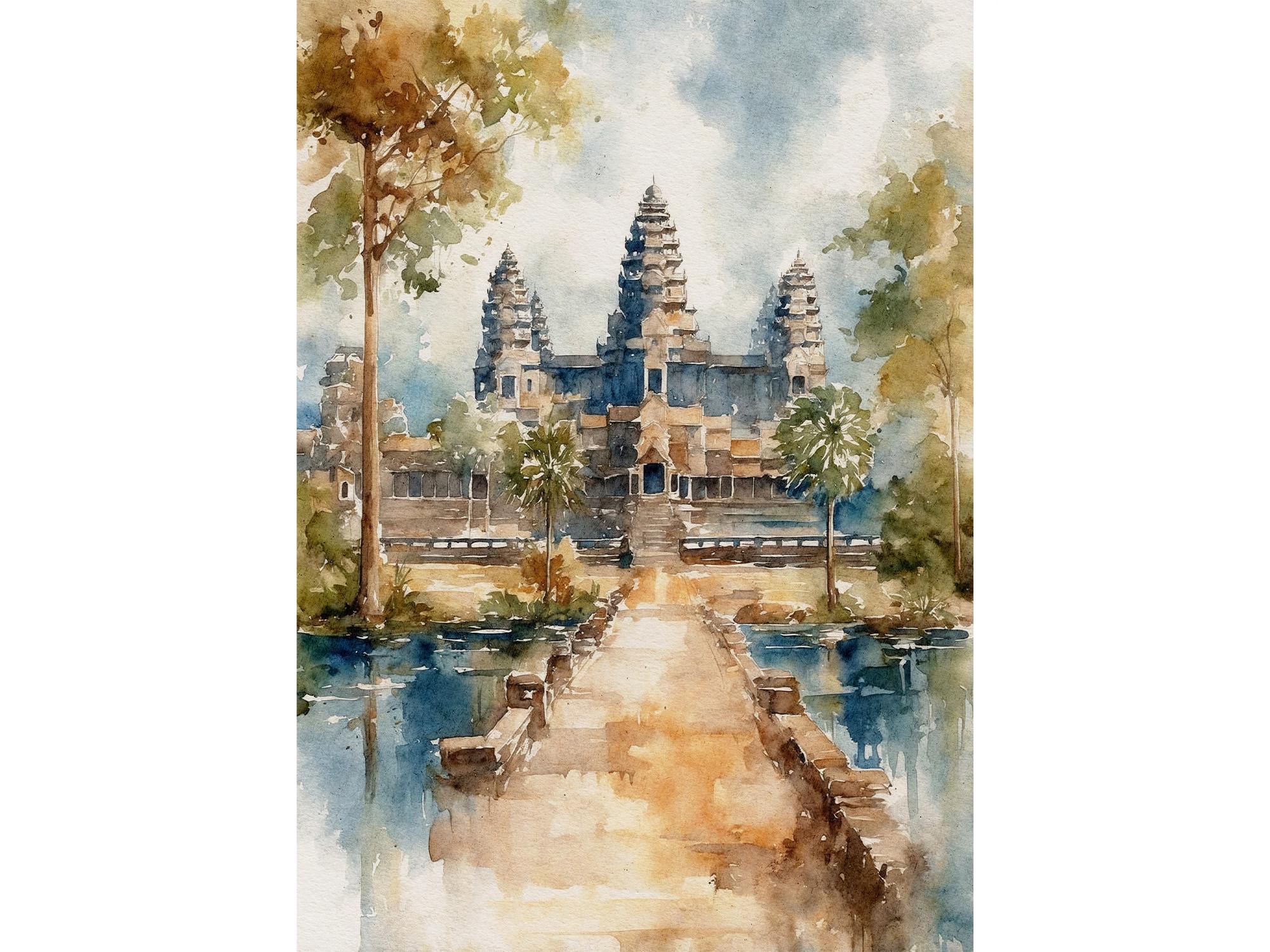 アンコールワットの水彩画アートプリント カンボジア絵画 歴史的寺院
