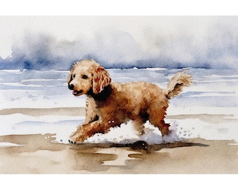 Poodle Watercolor Print: Running Dog on Beach, Ocean Wall Art