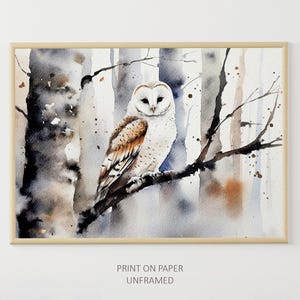 Weiße Eule Aquarell Malerei Winter Wald Wandkunst Schleiereule Poster Waldvogel Wandkunst