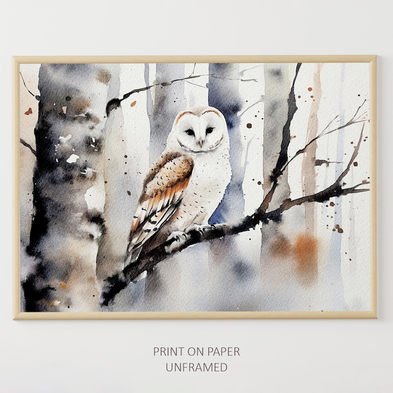 White Owl Watercolor Painting Winter Forest Wall Art Barn Owl Poster ...