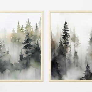 Kiefernbäume Aquarell Malerei 2er Set Drucke Nebligen Wald Druck Kiefernwald Poster Neutrale Wandkunst