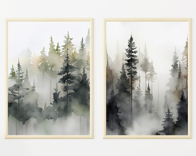 Pine Forest Poster Abstract Landscape Watercolor Art Print Pine Trees ...