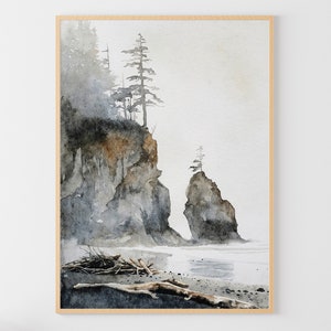 Impresión artística de la costa de Oregón Pintura de acuarela de la orilla del océano Obra de arte de acantilados costeros Paisaje de Oregón Arte de pared neutro