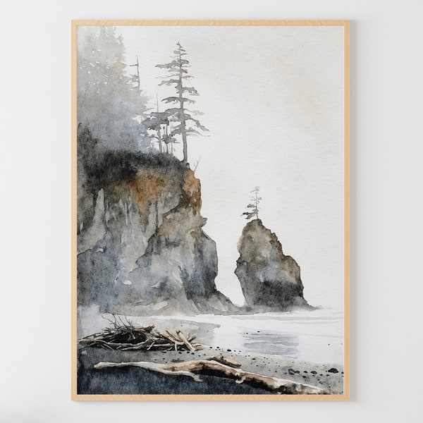 Impresión artística de la costa de Oregón, pintura de acuarela de la orilla del océano, obra de arte de acantilados costeros, paisaje de Oregón, arte mural neutro
