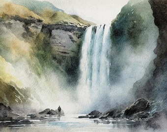 Iceland Painting Waterfall Watercolor Skogafoss Artwork Iceland Travel Poster Sudurland Art