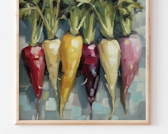Pintura al óleo de zanahorias, arte rústico para pared de cocina, decoración de granja