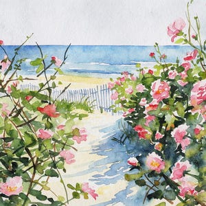 Paisaje de acuarela de Cape Cod, dunas de arena, pintura, rosas silvestres, impresión artística, póster de escena de playa