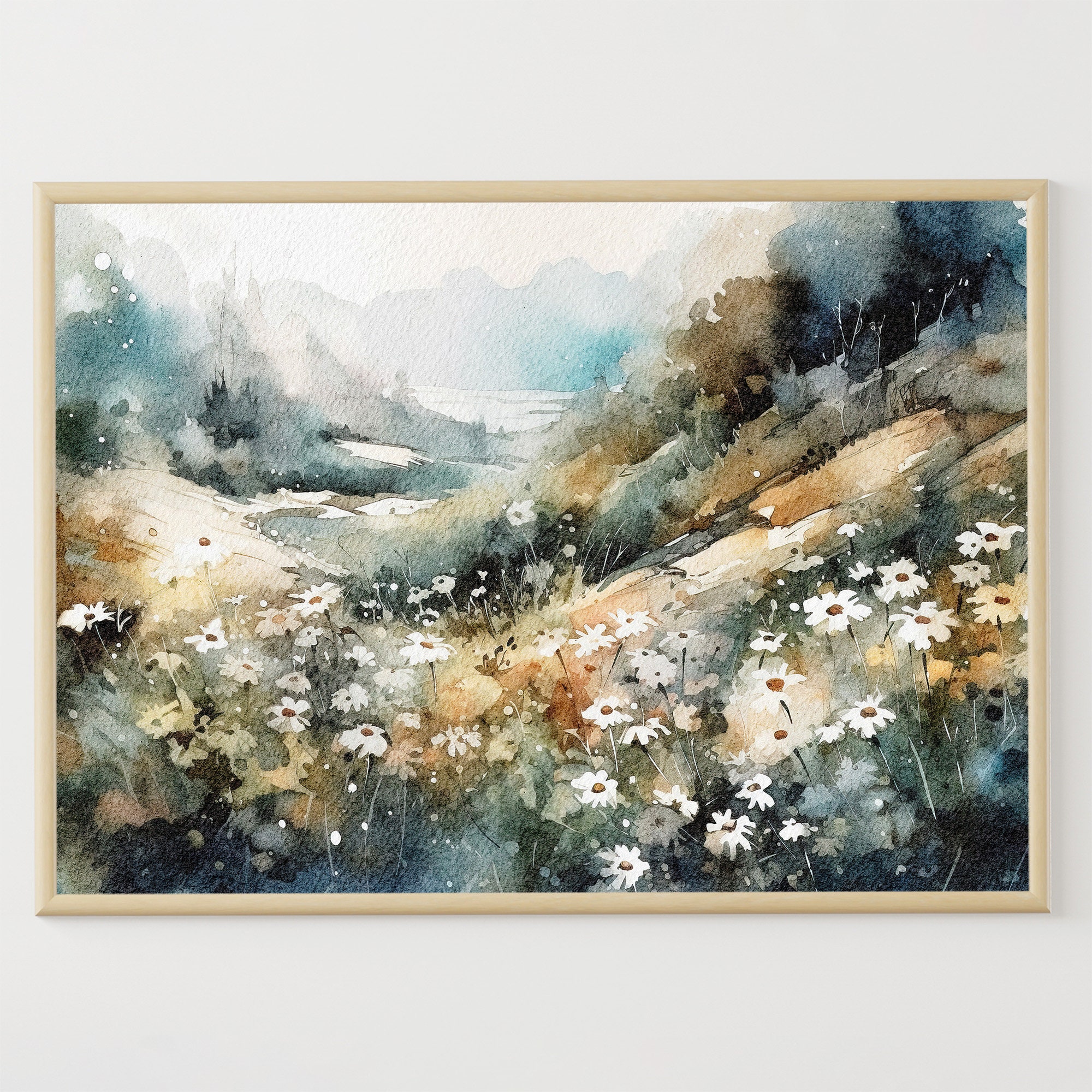 Daisy Field Painting Wildflowers Watercolor Meadow Art Print Hills Valley Wall Art Floral Landscape