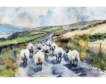 Irish Sheep Watercolor Painting Ireland Landscape Farmhouse Wall Art Rustic Road Artwork
