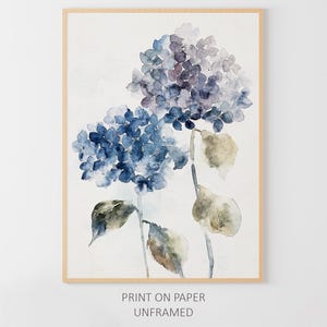 Blaue Hortensie Aquarell Malerei Botanische Kunst Druck Blumen Kunstwerk Neutral Floral Wand Kunst Gartenblumen Poster