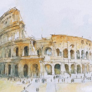 Impresión de acuarela de Roma, pintura del Coliseo, póster de paisaje urbano de Italia, regalo de viaje, arquitectura, arte mural