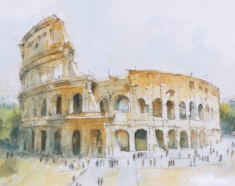 ローマの絵画、コロッセオの絵、イタリアの建築、ローマの壁画、水彩画