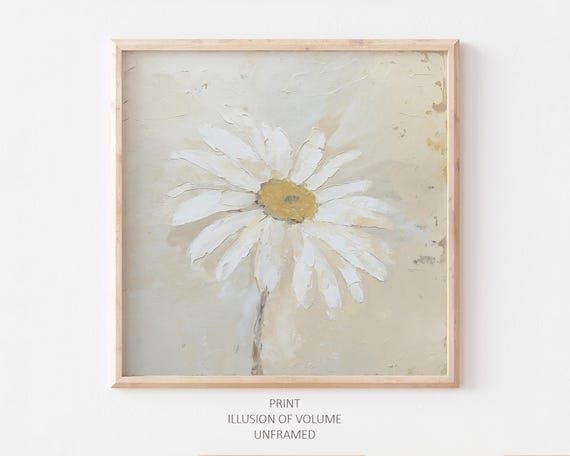 Daisy Flower Oil Print Wildflowers Painting Beige Minimalist Floral Wall Art